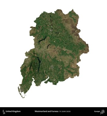 Westmorland ve Furness. Birleşik Krallık 'ın idari alanı, Haziran 2020' de çekilen Kopernik Nöbetçi karolarından oluşan bir uydu görüntüsüyle beyaza izole edilmiştir.