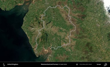 Westmorland ve Furness. Haziran 2020 'de çekilen Kopernik Nöbetçi karolarından oluşan bir uydu görüntüsü üzerinde Birleşik Krallık' ın idari alanının ana hatlarını belirledik.