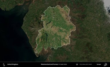 Westmorland ve Furness. Birleşik Krallık 'ın idari alanı, Haziran 2020' de çekilen Kopernik Nöbetçi karolarından oluşan koyu renkli bir uydu görüntüsü üzerinde vurgulandı ve özetlendi.