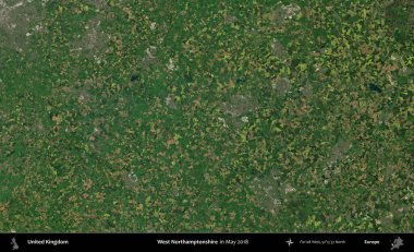 Batı Northamptonshire. Mayıs 2018 'de Copernicus Sentinel karolarından oluşan bir uydu görüntüsü üzerinde Birleşik Krallık' ın idari alanı