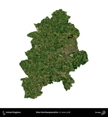 Batı Northamptonshire. Birleşik Krallık 'ın idari alanı, Haziran 2018' de çekilen Kopernik Nöbetçi karolarından oluşan bir uydu görüntüsüyle beyaza izole edilmiştir.