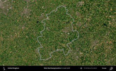 Batı Northamptonshire. Haziran 2018 'de çekilen Kopernik Nöbetçi karolarından oluşan bir uydu görüntüsü üzerinde Birleşik Krallık' ın idari alanının ana hatlarını belirledik.