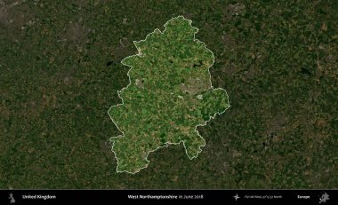 Batı Northamptonshire. Birleşik Krallık 'ın idari alanı, Haziran 2018' de çekilen Kopernik Nöbetçi karolarından oluşan koyu renkli bir uydu görüntüsü üzerinde vurgulandı ve özetlendi.