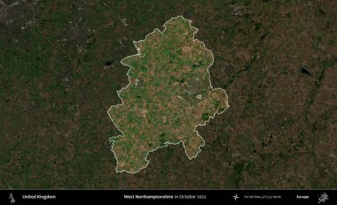 Batı Northamptonshire. Birleşik Krallık 'ın idari alanı, Ekim 2022' de çekilen Kopernik Nöbetçi karolarından oluşan koyu renkli bir uydu görüntüsü üzerinde vurgulandı ve özetlendi.