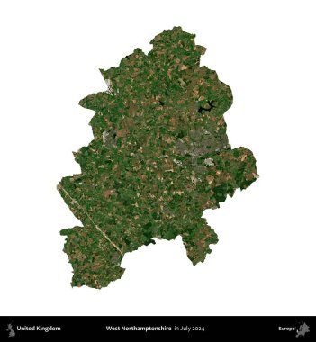 Batı Northamptonshire. Birleşik Krallık 'ın idari alanı, Temmuz 2024' te çekilen Kopernik Nöbetçi karolarından oluşan bir uydu görüntüsü ile beyaza izole edilmiştir.