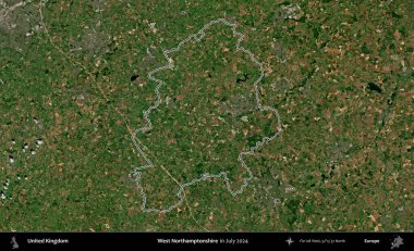 Batı Northamptonshire. Temmuz 2024 'te çekilen Copernicus Sentinel karolarından oluşan bir uydu görüntüsü üzerinde Birleşik Krallık' ın idari bölgesinin ana hatlarını belirledik.