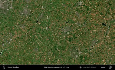 Batı Northamptonshire. Temmuz 2024 'te çekilen Kopernik Nöbetçi karolarından oluşan bir uydu görüntüsü üzerinde Birleşik Krallık' ın idari alanı