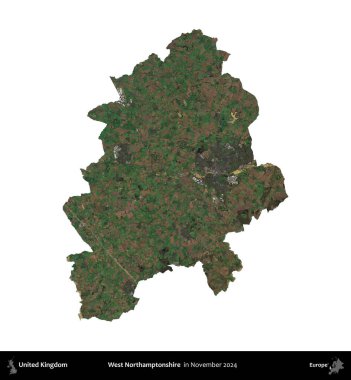 Batı Northamptonshire. Birleşik Krallık 'ın idari alanı, Kasım 2024' te çekilen Kopernik Nöbetçi karolarından oluşan bir uydu görüntüsü üzerinde beyaza izole edilmiştir.