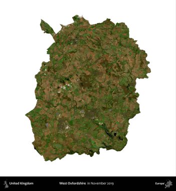 Batı Oxfordshire. Birleşik Krallık 'ın idari alanı, Kasım 2019' da çekilen Kopernik Nöbetçi karolarından oluşan bir uydu görüntüsüyle beyaza izole edildi.