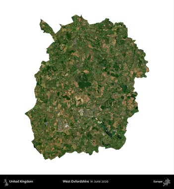 Batı Oxfordshire. Birleşik Krallık 'ın idari alanı, Haziran 2020' de çekilen Kopernik Nöbetçi karolarından oluşan bir uydu görüntüsüyle beyaza izole edilmiştir.