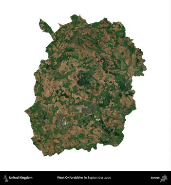 Batı Oxfordshire. Birleşik Krallık 'ın idari alanı, Eylül 2020' de çekilen Kopernik Nöbetçi karolarından oluşan bir uydu görüntüsü üzerinde beyaza izole edilmiştir.