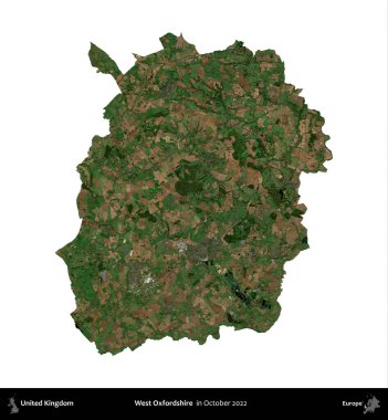 Batı Oxfordshire. Birleşik Krallık 'ın idari alanı, Ekim 2022' de çekilen Kopernik Nöbetçi karolarından oluşan bir uydu görüntüsüyle beyaza izole edildi.