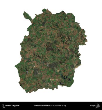Batı Oxfordshire. Birleşik Krallık 'ın idari alanı, Kasım 2024' te çekilen Kopernik Nöbetçi karolarından oluşan bir uydu görüntüsü üzerinde beyaza izole edilmiştir.