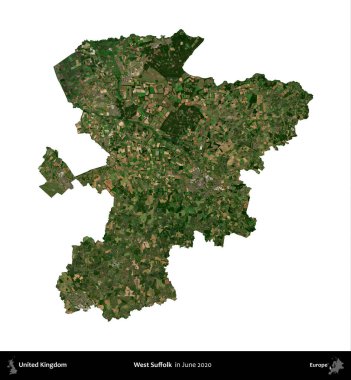Batı Suffolk. Birleşik Krallık 'ın idari alanı, Haziran 2020' de çekilen Kopernik Nöbetçi karolarından oluşan bir uydu görüntüsüyle beyaza izole edilmiştir.