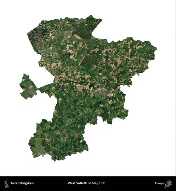 Batı Suffolk. Birleşik Krallık 'ın idari alanı, Mayıs 2021' de çekilen Kopernik Nöbetçi karolarından oluşan bir uydu görüntüsü üzerinde beyaza izole edilmiştir.