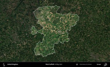 Batı Suffolk. Birleşik Krallık 'ın idari alanı, Mayıs 2021' de çekilen Kopernik Nöbetçi karolarından oluşan koyu renkli bir uydu görüntüsü üzerinde vurgulandı ve özetlendi.