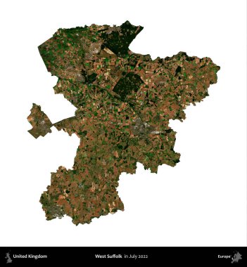 Batı Suffolk. Birleşik Krallık 'ın idari alanı, Temmuz 2022' de çekilen Kopernik Nöbetçi karolarından oluşan bir uydu görüntüsüyle beyaza izole edildi.
