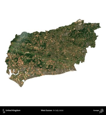 Batı Sussex. Birleşik Krallık 'ın idari alanı, Temmuz 2020' de çekilen Kopernik Nöbetçi karolarından oluşan bir uydu görüntüsü üzerinde beyaza izole edilmiştir.