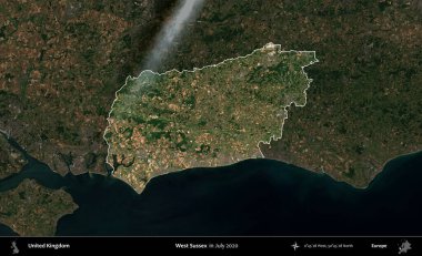 Batı Sussex. Birleşik Krallık 'ın idari alanı, Temmuz 2020' de çekilen Kopernik Nöbetçi karolarından oluşan koyu renkli bir uydu görüntüsü üzerinde vurgulandı ve özetlendi.