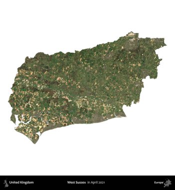 Batı Sussex. Birleşik Krallık 'ın idari alanı, Nisan 2021' de çekilen Kopernik Nöbetçi karolarından oluşan bir uydu görüntüsü üzerinde beyaza izole edilmiştir.