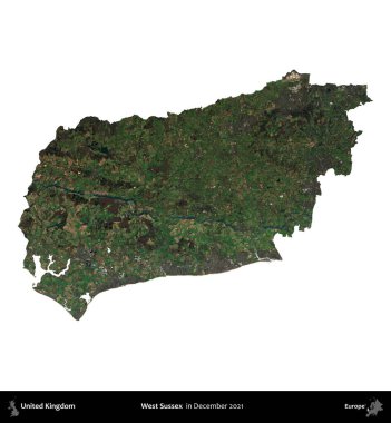 Batı Sussex. Birleşik Krallık 'ın idari alanı, Aralık 2021' de çekilen Kopernik Nöbetçi karolarından oluşan bir uydu görüntüsüyle beyaza izole edildi.