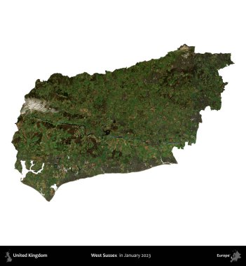 Batı Sussex. Birleşik Krallık 'ın idari alanı, Copernicus Sentinel' in Ocak 2023 'te çekilen uydu görüntüsüyle beyaza izole edildi.