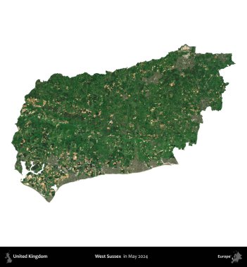Batı Sussex. Birleşik Krallık 'ın idari alanı, Mayıs 2024' te çekilen Kopernik Nöbetçi karolarından oluşan bir uydu görüntüsü üzerinde beyaza izole edildi.