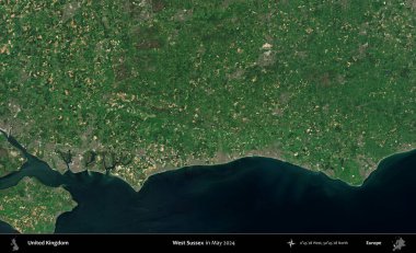 Batı Sussex. Mayıs 2024 'te Copernicus Sentinel karolarından oluşan bir uydu görüntüsü üzerinde Birleşik Krallık' ın idari alanı