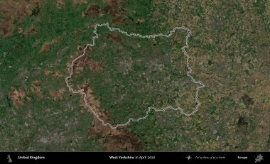 Batı Yorkshire. Nisan 2020 'de çekilen Kopernik Nöbetçi karolarından oluşan bir uydu görüntüsü üzerinde Birleşik Krallık' ın idari alanının ana hatlarını belirledik.