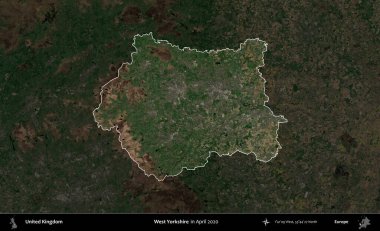 Batı Yorkshire. Birleşik Krallık 'ın idari alanı, Nisan 2020' de çekilen Kopernik Nöbetçi karolarından oluşan koyu renkli bir uydu görüntüsü üzerinde vurgulandı ve özetlendi.