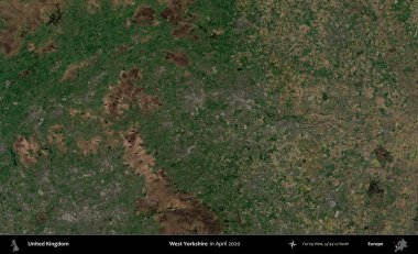 Batı Yorkshire. Nisan 2020 'de çekilen Kopernik Nöbetçi karolarından oluşan bir uydu görüntüsü üzerinde Birleşik Krallık' ın idari alanı