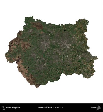 Batı Yorkshire. Birleşik Krallık 'ın idari alanı, Nisan 2021' de çekilen Kopernik Nöbetçi karolarından oluşan bir uydu görüntüsü üzerinde beyaza izole edilmiştir.
