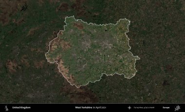 Batı Yorkshire. Birleşik Krallık 'ın idari alanı, Nisan 2021' de çekilen Kopernik Nöbetçi karolarından oluşan koyu renkli bir uydu görüntüsü üzerinde vurgulandı ve özetlendi.