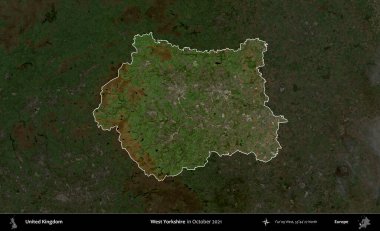 Batı Yorkshire. Birleşik Krallık 'ın idari alanı, Ekim 2021' de çekilen Kopernik Nöbetçi karolarından oluşan koyu renkli bir uydu görüntüsü üzerinde vurgulandı ve özetlendi.