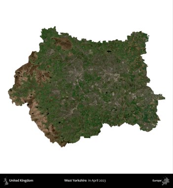 Batı Yorkshire. Birleşik Krallık 'ın idari alanı, Nisan 2023' te çekilen Kopernik Nöbetçi karolarından oluşan bir uydu görüntüsü üzerinde beyaza izole edilmiştir.