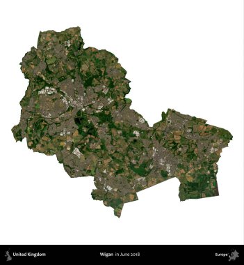 Wigan. Birleşik Krallık 'ın idari alanı, Haziran 2018' de çekilen Kopernik Nöbetçi karolarından oluşan bir uydu görüntüsüyle beyaza izole edilmiştir.