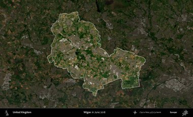 Wigan. Birleşik Krallık 'ın idari alanı, Haziran 2018' de çekilen Kopernik Nöbetçi karolarından oluşan koyu renkli bir uydu görüntüsü üzerinde vurgulandı ve özetlendi.