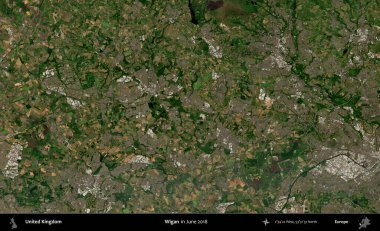 Wigan. Haziran 2018 'de çekilen Kopernik Nöbetçi karolarından oluşan bir uydu görüntüsü üzerinde Birleşik Krallık' ın idari alanı