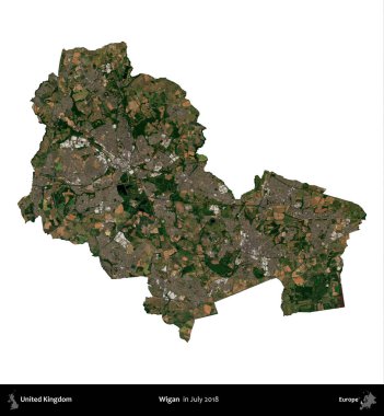 Wigan. Birleşik Krallık 'ın idari alanı, Temmuz 2018' de çekilen Kopernik Nöbetçi karolarından oluşan bir uydu görüntüsüyle beyaza izole edildi.