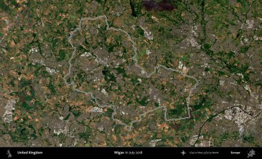 Wigan. Temmuz 2018 'de çekilen Copernicus Sentinel karolarından oluşan bir uydu görüntüsü üzerinde Birleşik Krallık' ın idari bölgesinin ana hatlarını belirledik.
