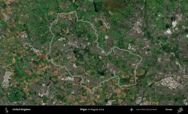 Wigan. Ağustos 2024 'te çekilen Kopernik Nöbetçi karolarından oluşan bir uydu görüntüsü üzerinde Birleşik Krallık' ın idari bölgesinin ana hatlarını belirledik.