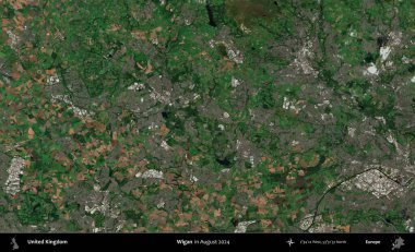 Wigan. Ağustos 2024 'te çekilen Kopernik Nöbetçi karolarından oluşan bir uydu görüntüsü üzerinde Birleşik Krallık' ın idari alanı