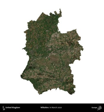 Wiltshire 'da. Birleşik Krallık 'ın idari alanı, Mart 2020' de çekilen Kopernik Nöbetçi karolarından oluşan bir uydu görüntüsü üzerinde beyaza izole edilmiştir.