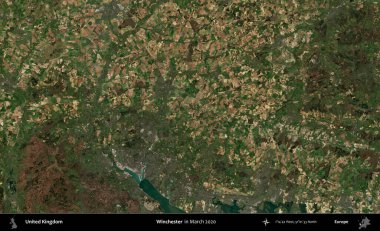Winchester 'da. Mart 2020 'de Copernicus Sentinel karolarından oluşan bir uydu görüntüsü üzerinde Birleşik Krallık' ın idari alanı