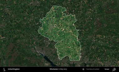 Winchester 'da. Birleşik Krallık 'ın idari alanı, Mayıs 2023' te çekilen Kopernik Nöbetçi karolarından oluşan koyu renkli bir uydu görüntüsü üzerinde vurgulandı ve özetlendi.