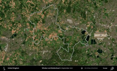 Windsor ve Maidenhead. Eylül 2021 'de çekilen Kopernik Nöbetçi karolarından oluşan bir uydu görüntüsü üzerinde Birleşik Krallık' ın idari alanının ana hatlarını belirledik.