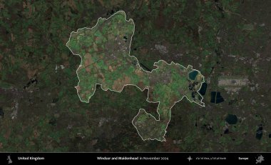 Windsor ve Maidenhead. Birleşik Krallık 'ın idari alanı, Kasım 2024' te çekilen Kopernik Nöbetçi karolarından oluşan koyu renkli bir uydu görüntüsü üzerinde vurgulandı ve özetlendi.