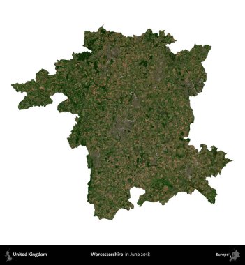 Worcestershire 'da. Birleşik Krallık 'ın idari alanı, Haziran 2018' de çekilen Kopernik Nöbetçi karolarından oluşan bir uydu görüntüsüyle beyaza izole edilmiştir.