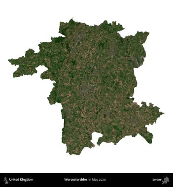 Worcestershire 'da. Birleşik Krallık 'ın idari alanı, Mayıs 2020' de çekilen Kopernik Nöbetçi karolarından oluşan bir uydu görüntüsü üzerinde beyaza izole edilmiştir.