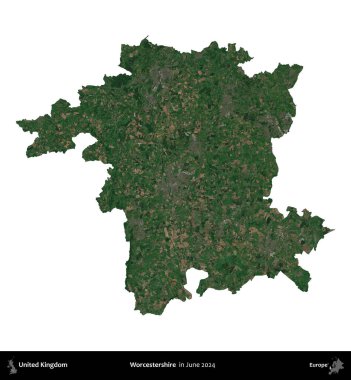 Worcestershire 'da. Birleşik Krallık 'ın idari alanı, Haziran 2024' te çekilen Kopernik Nöbetçi karolarından oluşan bir uydu görüntüsüyle beyaza izole edilmiştir.
